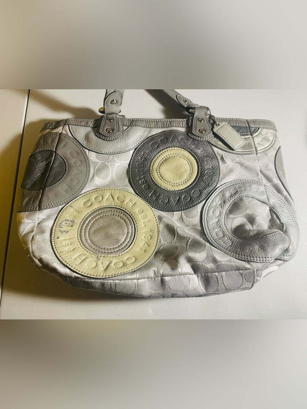 Coach Signature Circle Patch Shoulder Bag in Light Gray & Pale Yellow